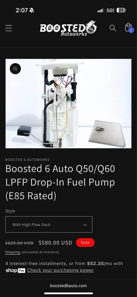 boosted 6 auto q50/q60 LPFP drop in fuel pump (e-85 rated)